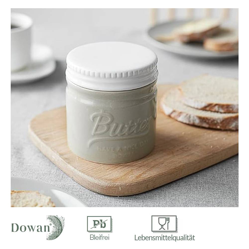 DOWAN 192ml/9×9×10cm französische Keramik Butterdose mit Deckel,geprägter Butterbehälter mit Wasserlinie,Grau
