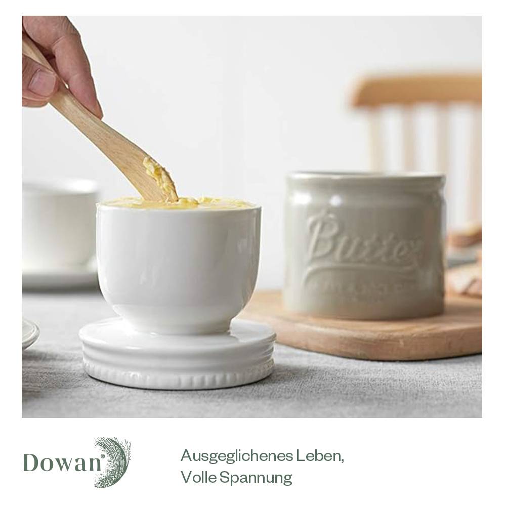 DOWAN 192ml/9×9×10cm französische Keramik Butterdose mit Deckel,geprägter Butterbehälter mit Wasserlinie,Grau