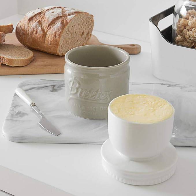 DOWAN 192ml/9×9×10cm französische Keramik Butterdose mit Deckel,geprägter Butterbehälter mit Wasserlinie,Grau