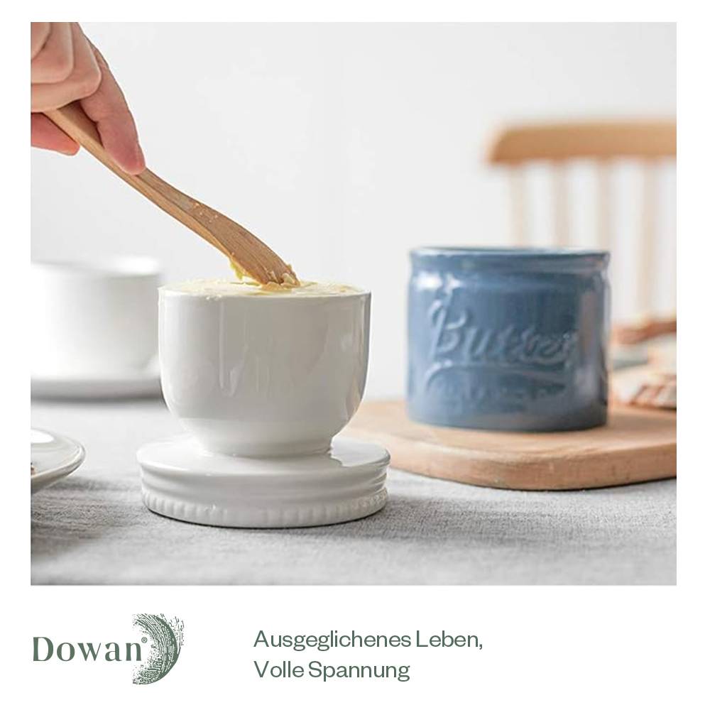 DOWAN 192ml/9×9×10cm französische Keramik Butterdose mit Deckel,geprägter Butterbehälter mit Wasserlinie,luftiges Blau