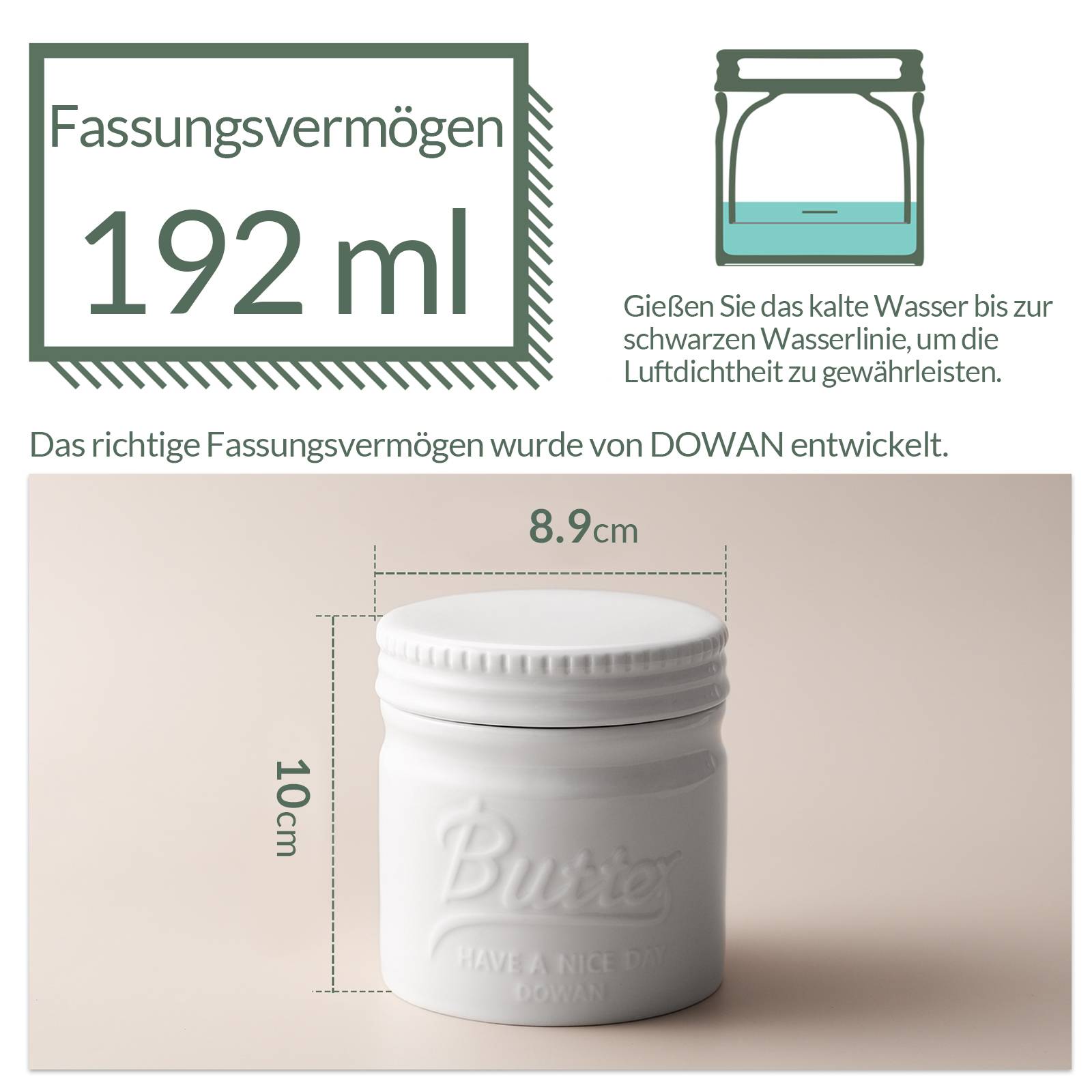 DOWAN 192ml/9×9×10cm französische Keramik Butterdose mit Deckel,geprägter Butterbehälter mit Wasserlinie,Weiß