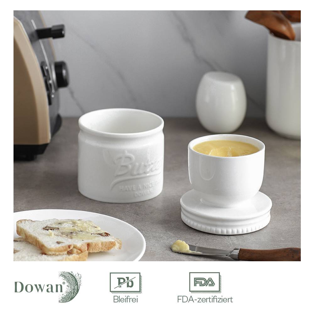 DOWAN 192ml/9×9×10cm französische Keramik Butterdose mit Deckel,geprägter Butterbehälter mit Wasserlinie,Weiß