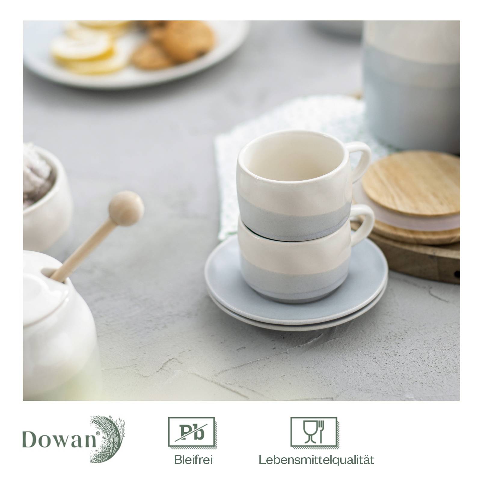 DOWAN 118ml/4er-Set Espressotassen mit Untertassen, Porzellan-Demitasse-Tassen, Keramik-Kaffeetassen, Eleganter Modus, Blau und Weiß