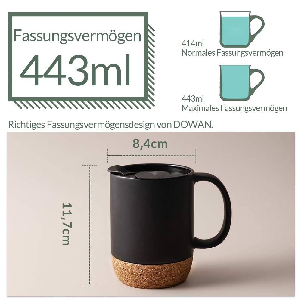 DOWAN 443ml/2er-Set Kaffeetassen-Set mit 2 Stück,Kaffeetasse mit Korkboden und spritzsicherem Deckel,Keramiktasse mit großem Griff,Mattschwarz