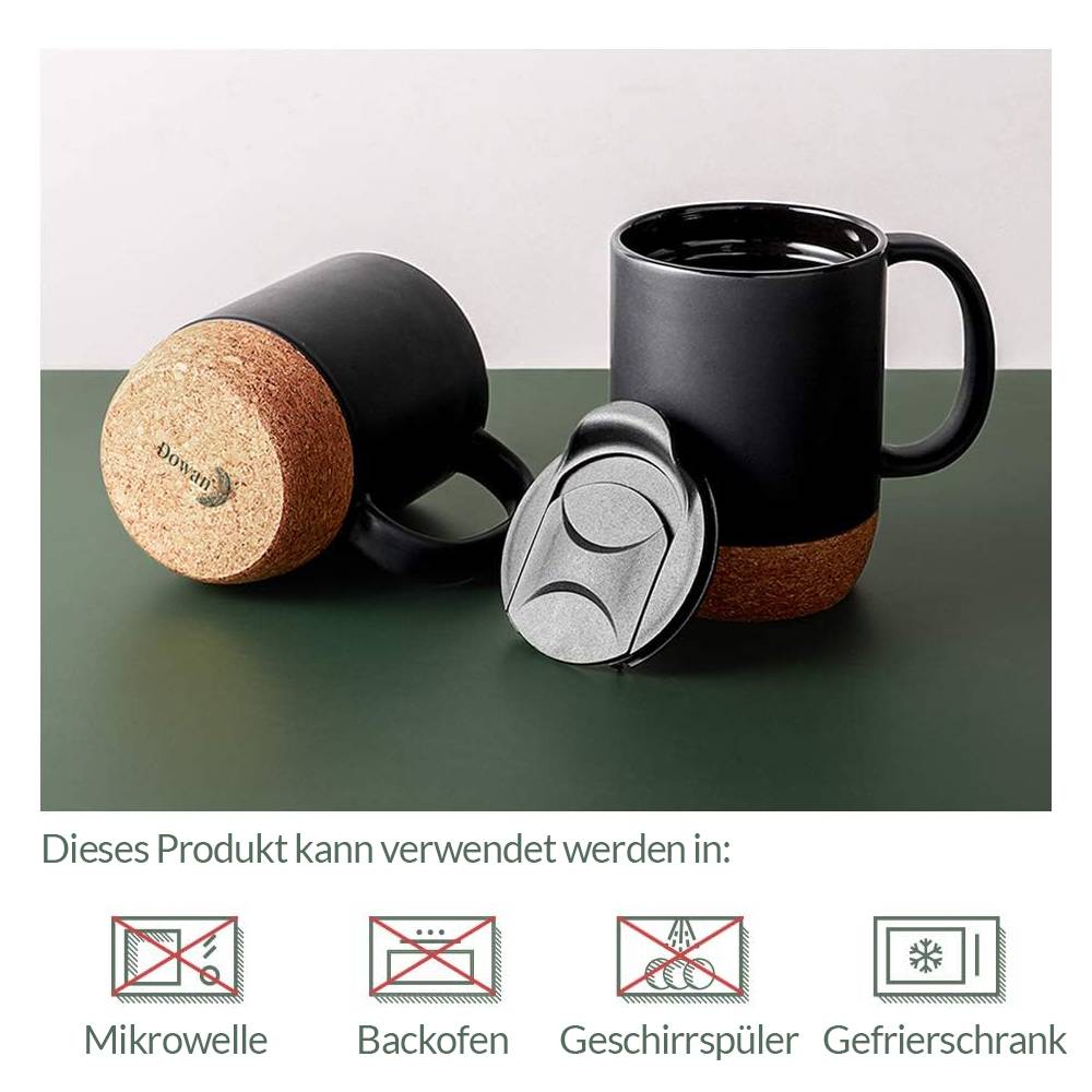 DOWAN 443ml/2er-Set Kaffeetassen-Set mit 2 Stück,Kaffeetasse mit Korkboden und spritzsicherem Deckel,Keramiktasse mit großem Griff,Mattschwarz