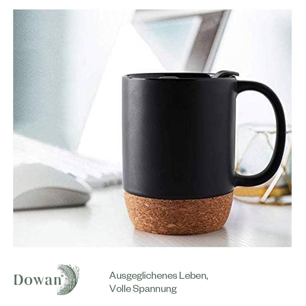 DOWAN 443ml/2er-Set Kaffeetassen-Set mit 2 Stück,Kaffeetasse mit Korkboden und spritzsicherem Deckel,Keramiktasse mit großem Griff,Mattschwarz