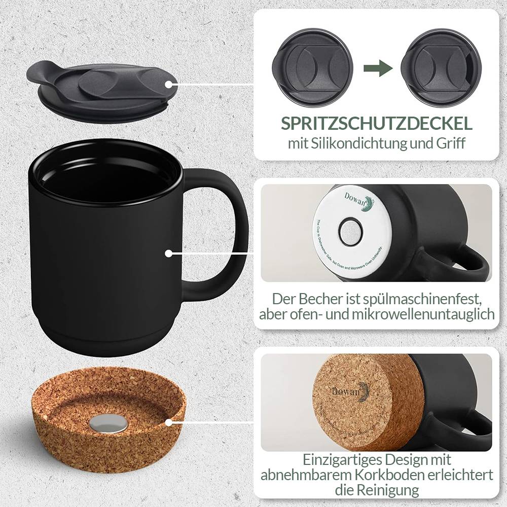 DOWAN 443ml/2er-Set Kaffeetassen-Set mit 2 Stück,Kaffeetasse mit Korkboden und spritzsicherem Deckel,Keramiktasse mit großem Griff,Mattschwarz
