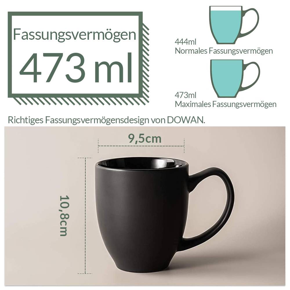 DOWAN 473ml/6er-Set Große Keramik Kaffeebecher mit Griff,für Kaffee/Tee,Stark und bruchsicher,Schwarz