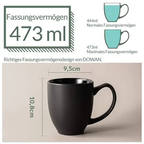DOWAN 473ml/6er-Set Große Keramik Kaffeebecher mit Griff,für Kaffee/Tee,Stark und bruchsicher,Schwarz DOWAN 473ml/6er-Set Große Keramik Kaffeebecher mit Griff,für Kaffee/Tee,Stark und bruchsicher,Schwarz