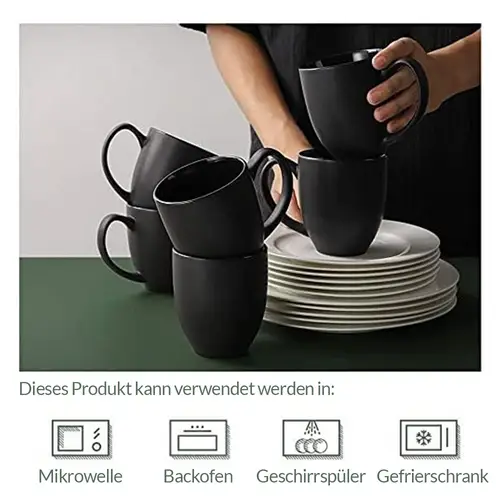 DOWAN 473ml/6er-Set Große Keramik Kaffeebecher mit Griff,für Kaffee/Tee,Stark und bruchsicher,Schwarz DOWAN 473ml/6er-Set Große Keramik Kaffeebecher mit Griff,für Kaffee/Tee,Stark und bruchsicher,Schwarz