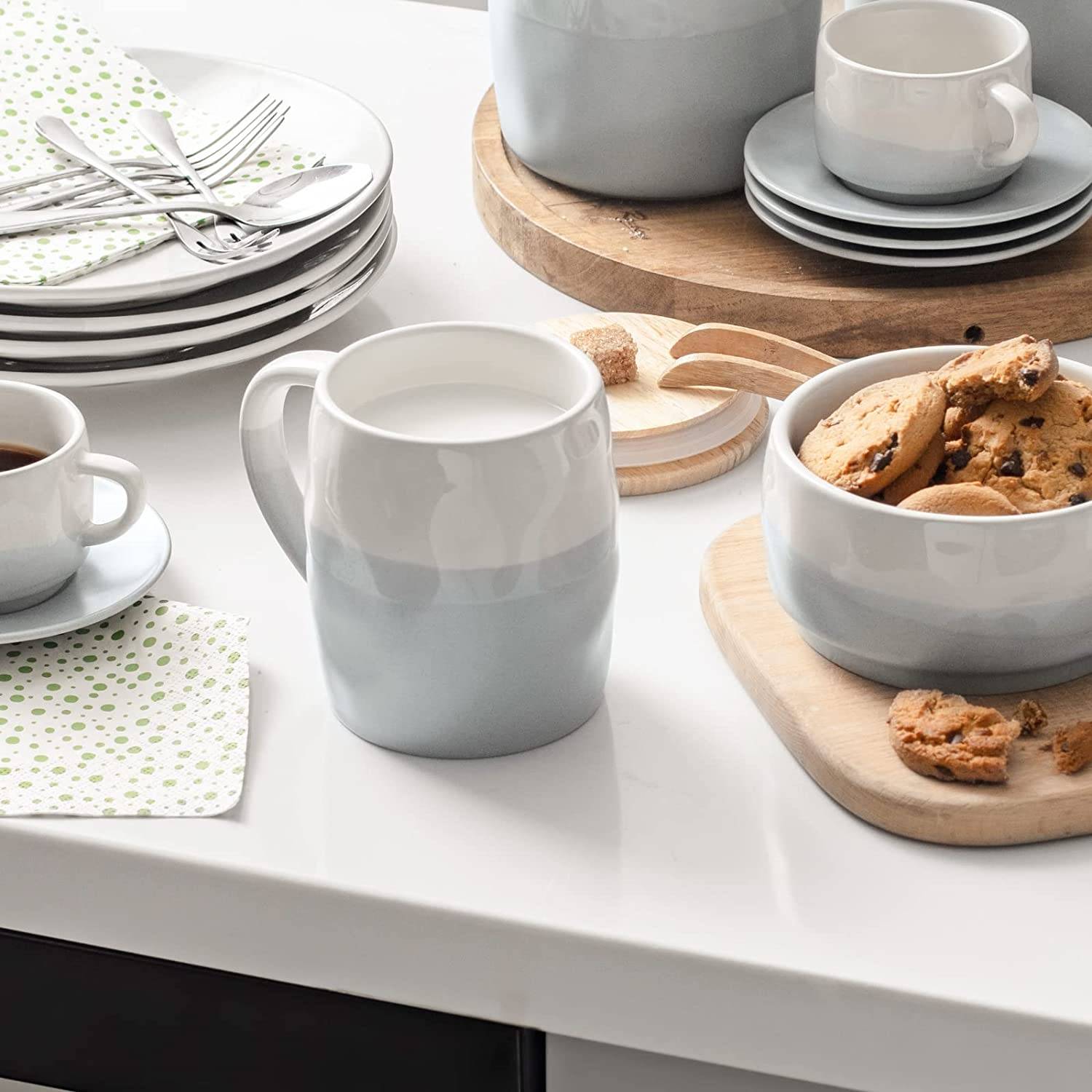 DOWAN 414ml/4er-Set Große Keramik Kaffeebecher mit Griff, für Kaffee/Tee,Stark und bruchsicher,Hellblau und Weiß