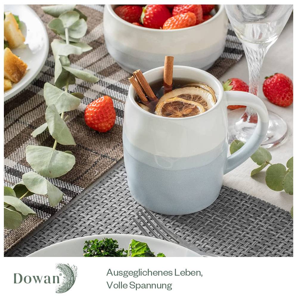 DOWAN 414ml/4er-Set Große Keramik Kaffeebecher mit Griff, für Kaffee/Tee,Stark und bruchsicher,Hellblau und Weiß