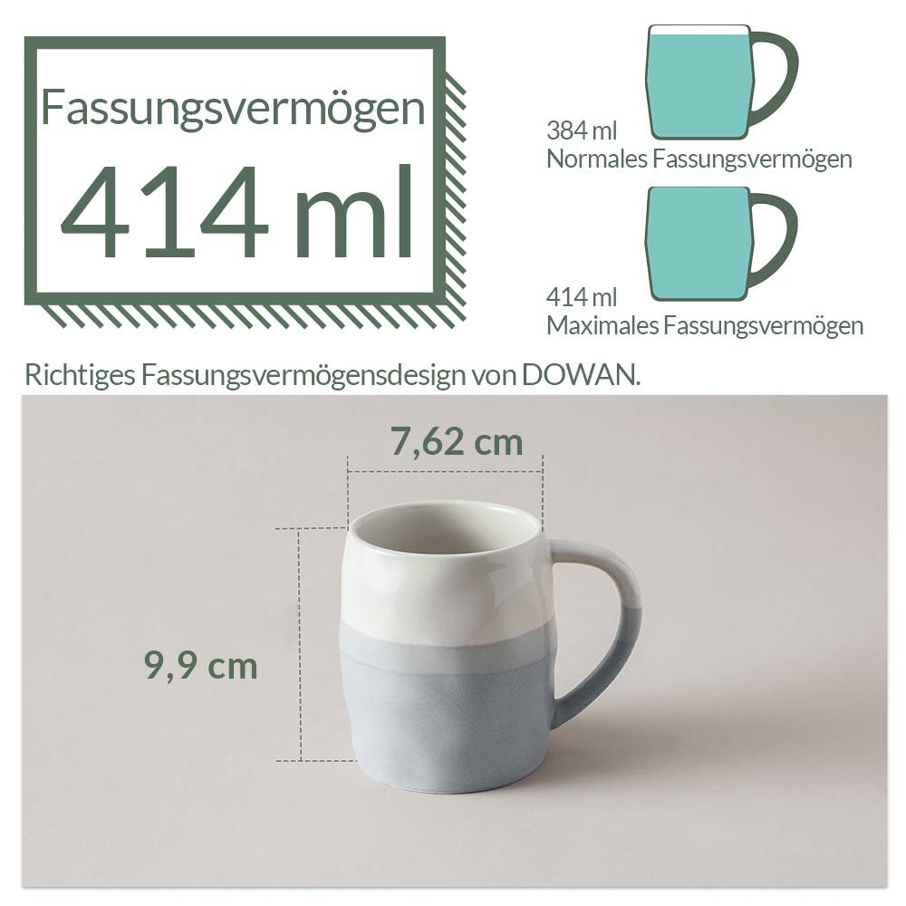 DOWAN 414ml/4er-Set Große Keramik Kaffeebecher mit Griff, für Kaffee/Tee,Stark und bruchsicher,Hellblau und Weiß