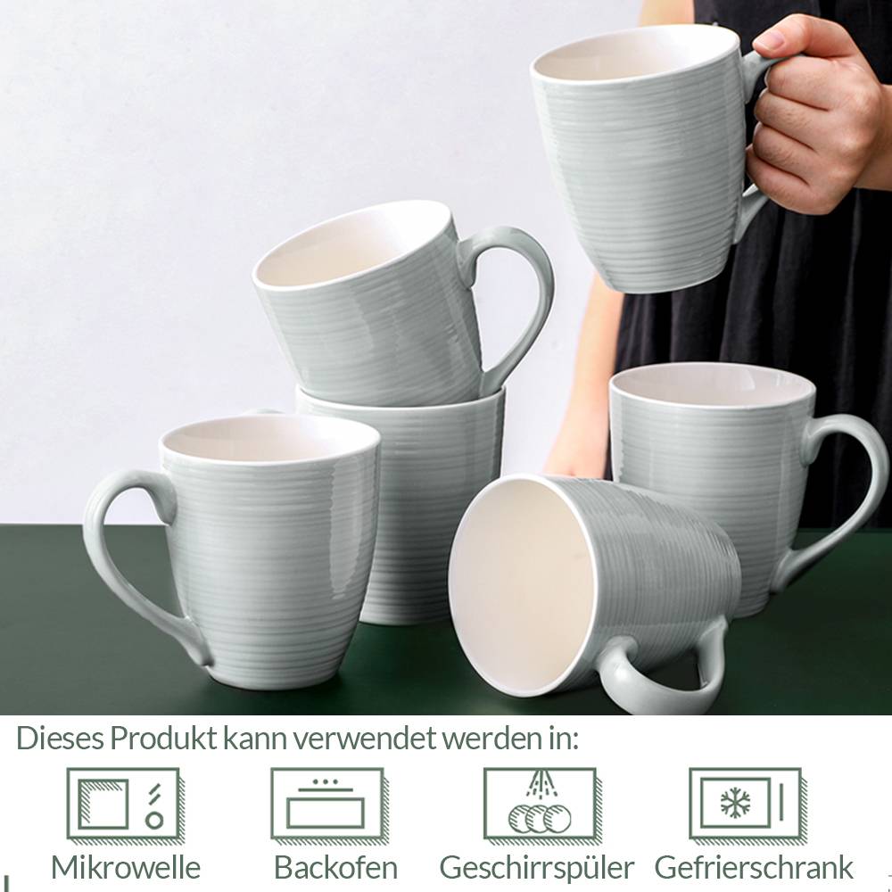 DOWAN 503ml/6er-Set Große Keramik Kaffeebecher mit Griff, für Kaffee/Tee, Stark und bruchsicher,Grau