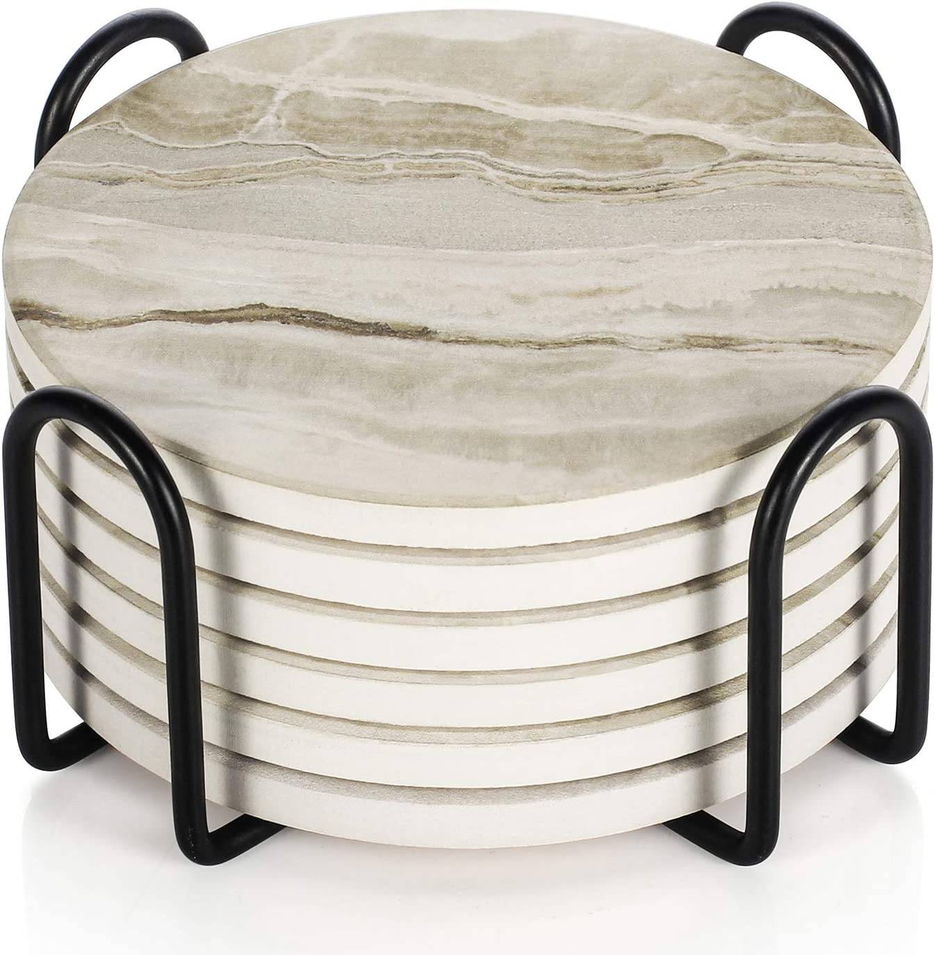 LIFVER 10cm/6er-Set saugfähige Getränkeuntersetzer Sets, Keramik Untersetzer mit Halter, mit Korkboden - Marmor-Stil