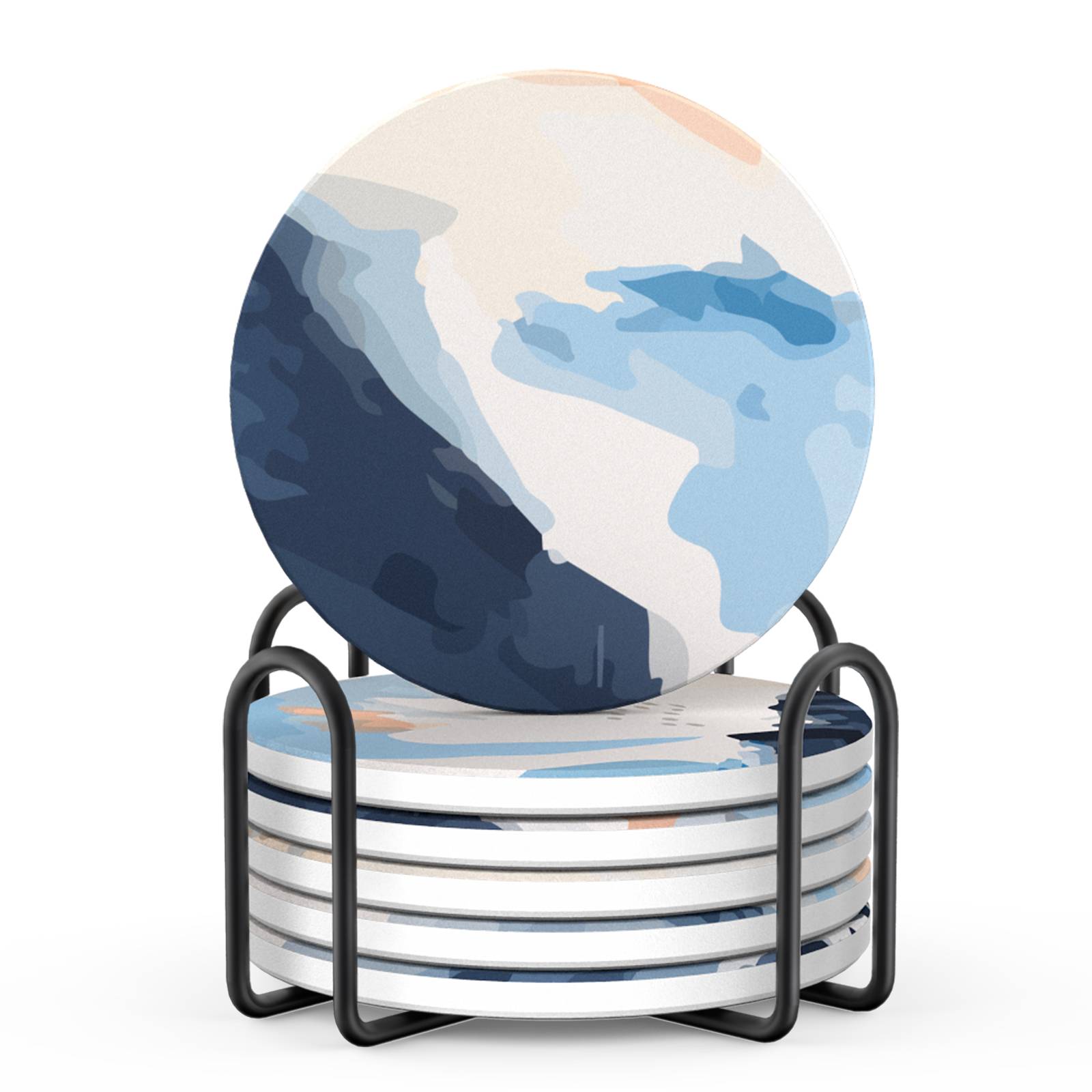 LIFVER 10cm/6er-Set saugfähige Getränkeuntersetzer Sets, Keramik Untersetzer mit Halter, mit Korkboden - Weiß und Blau