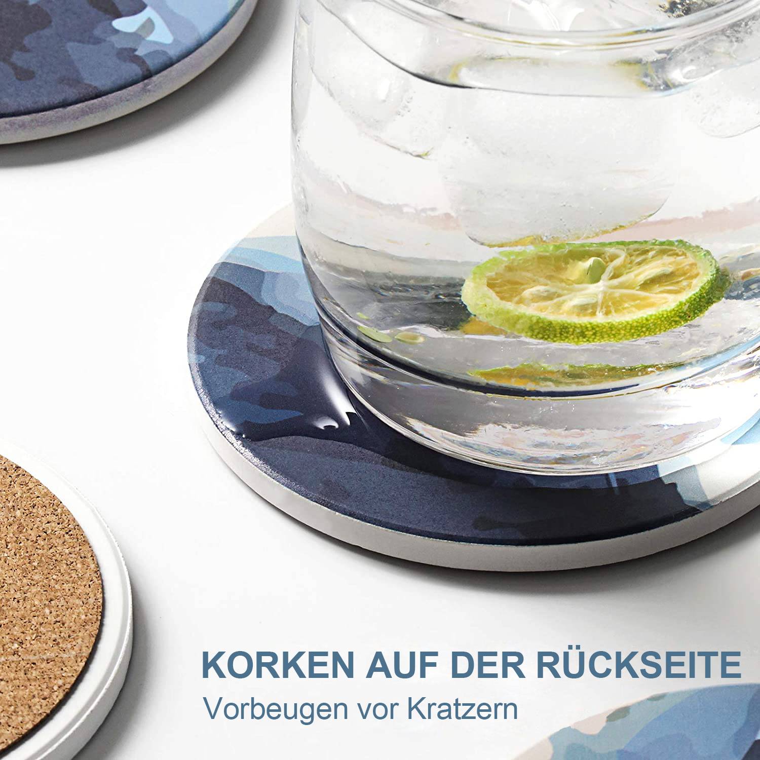 LIFVER 10cm/6er-Set saugfähige Getränkeuntersetzer Sets, Keramik Untersetzer mit Halter, mit Korkboden - Weiß und Blau