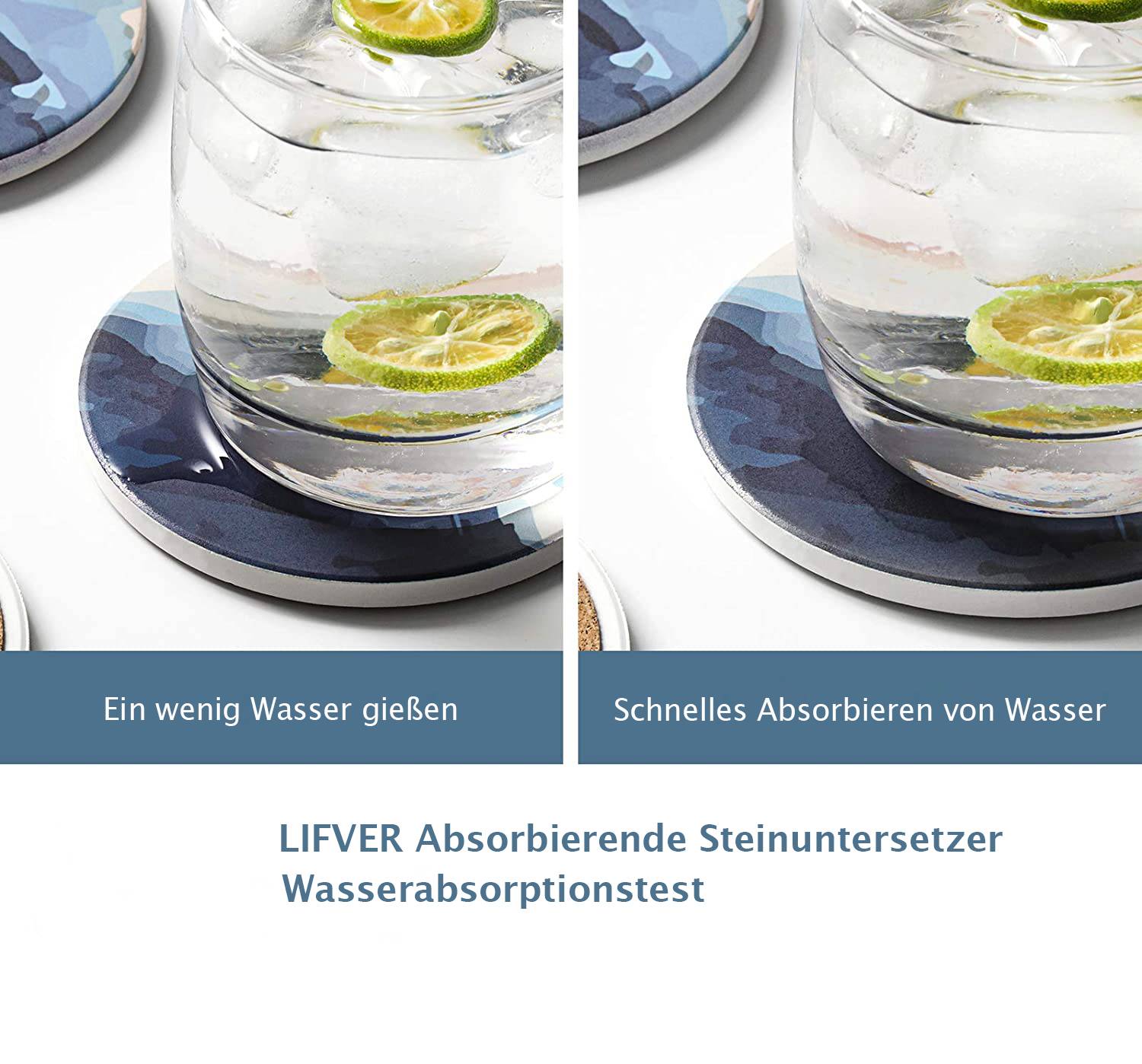 LIFVER 10cm/6er-Set saugfähige Getränkeuntersetzer Sets, Keramik Untersetzer mit Halter, mit Korkboden - Weiß und Blau