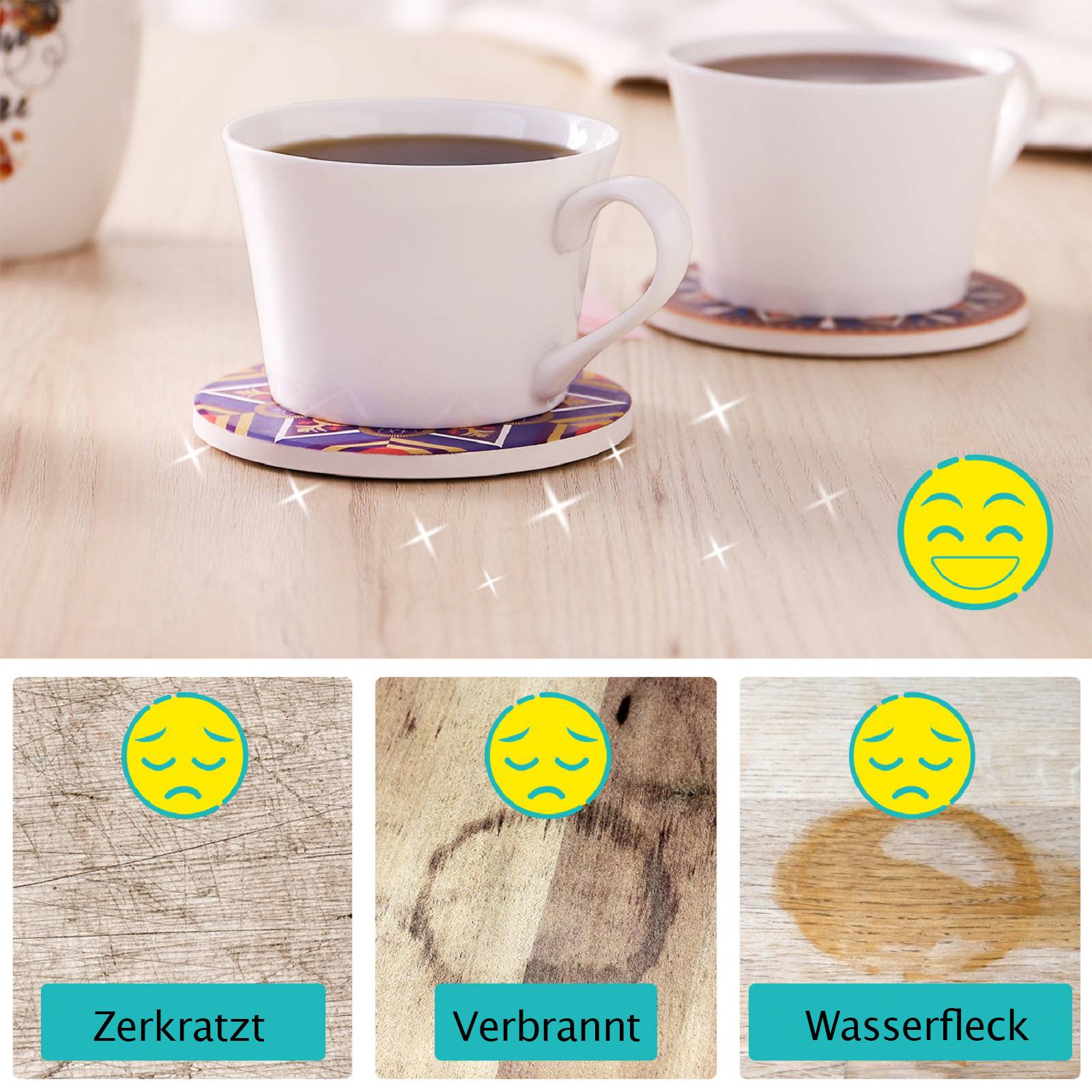 LIFVER 10cm/8er-Set saugfähige Getränkeuntersetzer Sets, Keramik Untersetzer mit Halter, mit Korkboden - Mandala-Stil