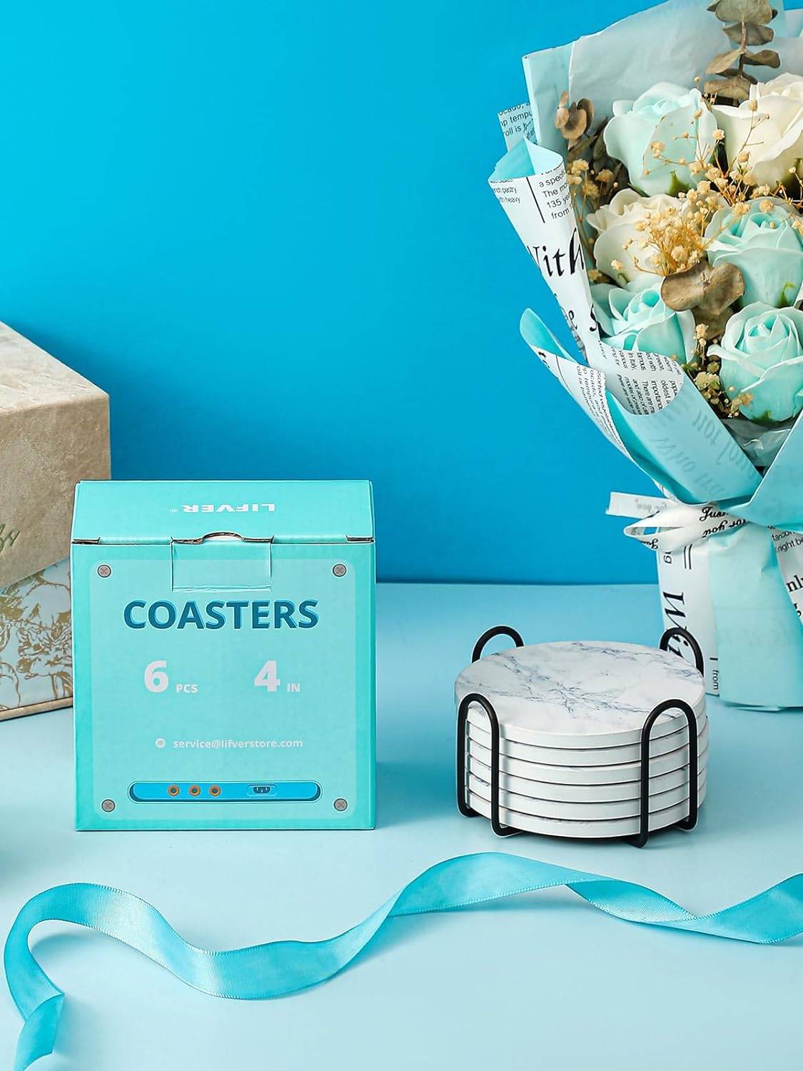 LIFVER 10cm/6er-Set saugfähige Getränkeuntersetzer Sets, Keramik Untersetzer mit Halter, mit Korkboden, Weiße Marmor-Stil