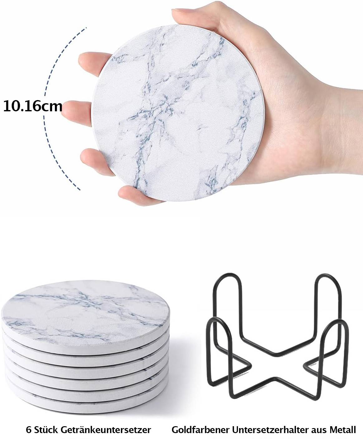 LIFVER 10cm/6er-Set saugfähige Getränkeuntersetzer Sets, Keramik Untersetzer mit Halter, mit Korkboden, Weiße Marmor-Stil