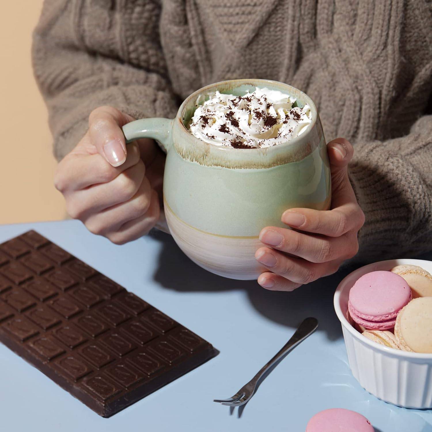 LIFVER 630ml/2er Set großer Keramik-Kaffeebecher, Steingut-Kaffeebecher für Kaffee/Tee, große Teetasse für Büro und Zuhause, Grün