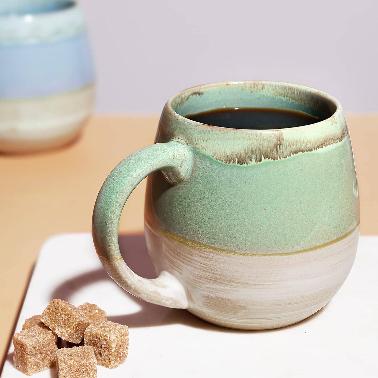 LIFVER 630ml/2er Set großer Keramik-Kaffeebecher, Steingut-Kaffeebecher für Kaffee/Tee, große Teetasse für Büro und Zuhause, Grün