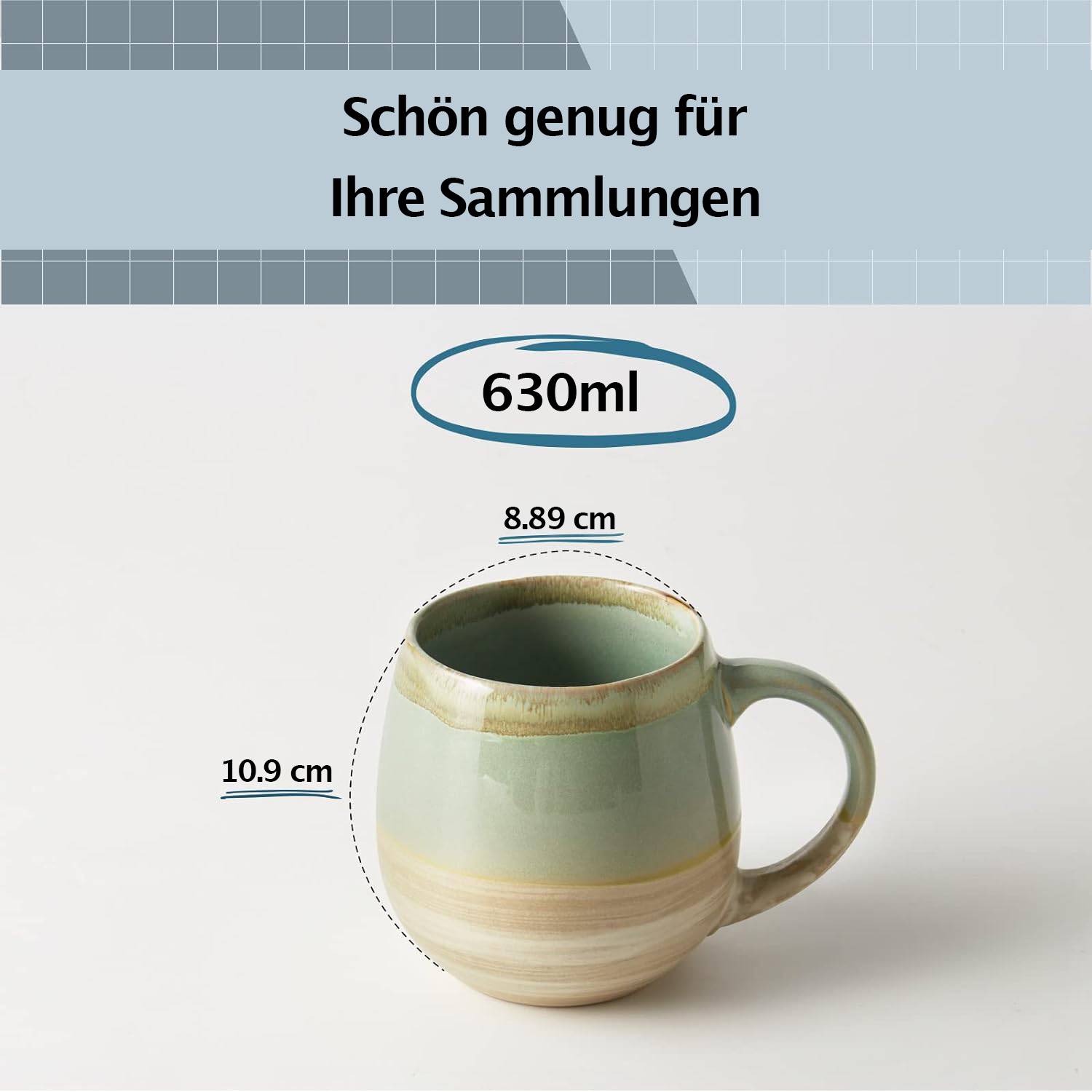 LIFVER 630ml/2er Set großer Keramik-Kaffeebecher, Steingut-Kaffeebecher für Kaffee/Tee, große Teetasse für Büro und Zuhause, Grün