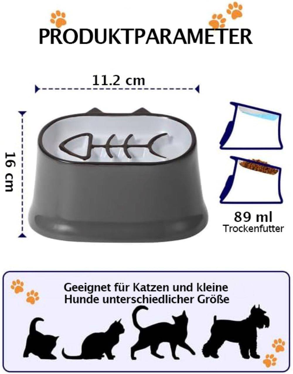 Y YHY 16×11cm Katzennapf/Hundenapf mit langsamem Futter, erhöhter Katzennapf mit geneigtem Design,Keine schwarzen Kinnflecken,Grau