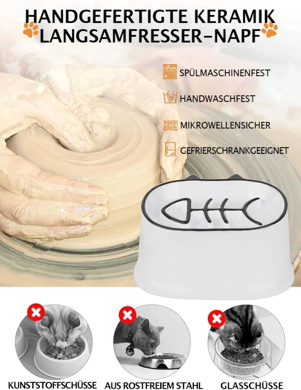 Hände kneten Ton in einer Schüssel. Symbole zeigen Eigenschaften an: spülmaschinenfest, von Hand waschbar, mikrowellensicher, gefrierschrankfest.