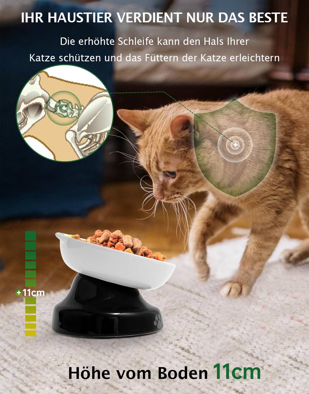 Eine Katze mit Halsband riecht an einer Schale mit Katzenfutter. Ein Text auf Deutsch vermerkt die Sicherheit und Benutzerfreundlichkeit des Halsbandes, mit einer Höhenangabe von 11 cm.