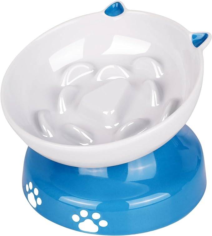 Y YHY 120ml Keramik Katzennapf mit langsamer Fütterung, erhöhter Katzennapf, geneigtes Design,Slow Feeder für Hunde und Katzen,Blau/Weiß
