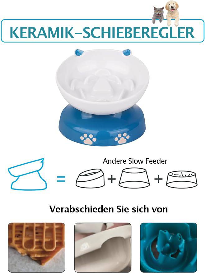 Slow Feeder für Hunde und Katzen, Y YHY Keramik Katzennapf, geneigtes Design für Trocken- und Nassfutter, Blau und Weiß