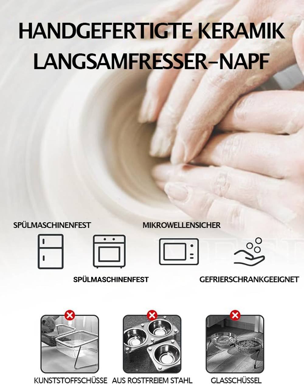 Hände formen Ton auf einer drehenden Töpferscheibe. Oben der Text „Langsamfresser-Napf