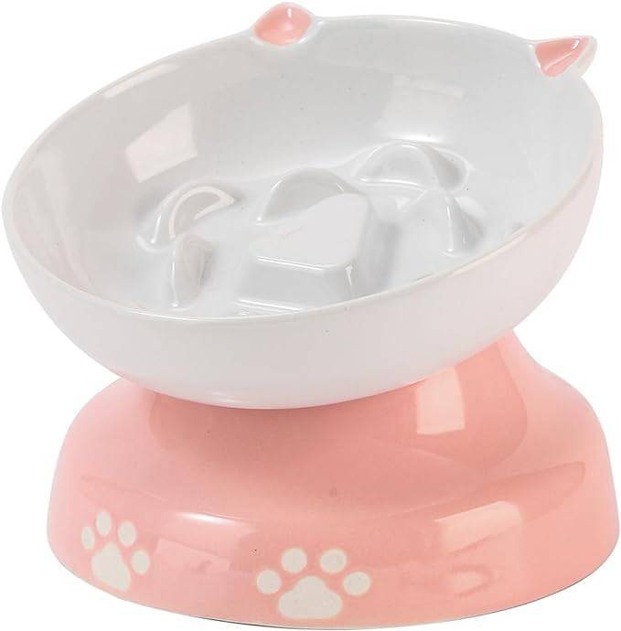 Slow Feeder für Hunde und Katzen, Y YHY Keramik Katzennapf, geneigtes Design für Trocken- und Nassfutter, Rosa und Weiß