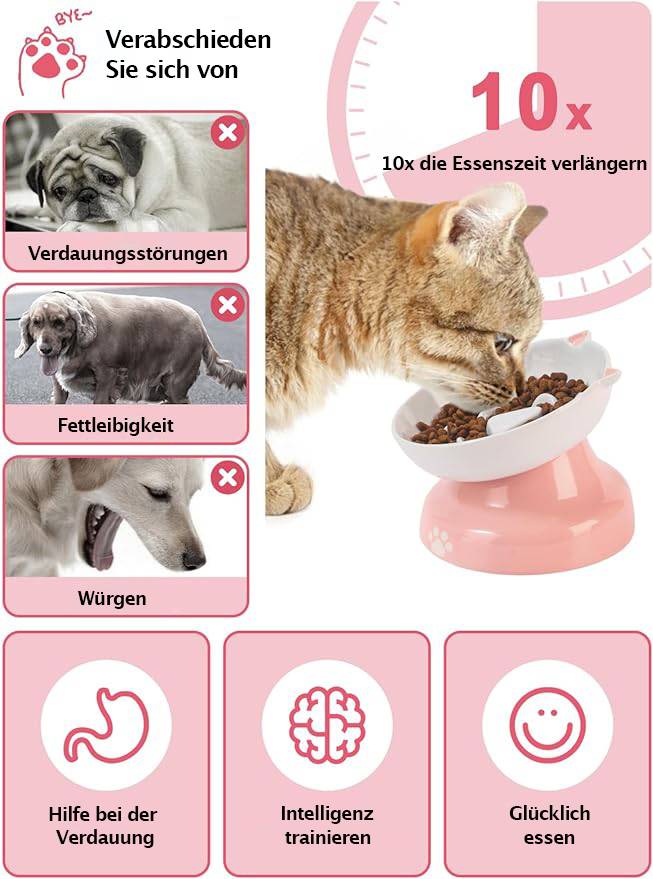 Slow Feeder für Hunde und Katzen, Y YHY Keramik Katzennapf, geneigtes Design für Trocken- und Nassfutter, Rosa und Weiß