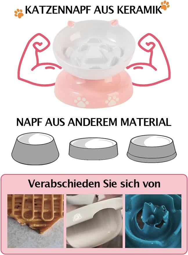 Slow Feeder für Hunde und Katzen, Y YHY Keramik Katzennapf, geneigtes Design für Trocken- und Nassfutter, Rosa und Weiß