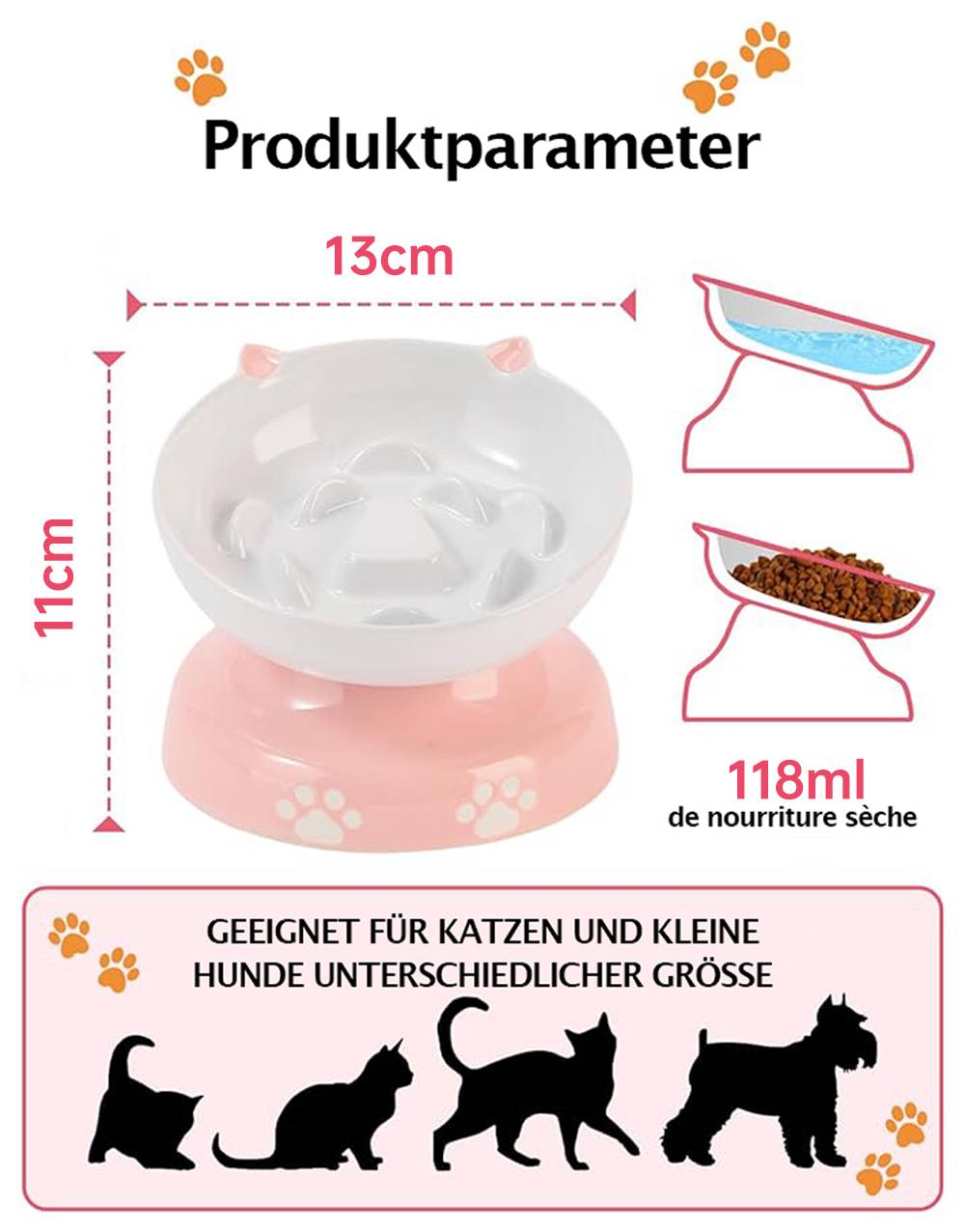 Eine rosa und weiße Haustierfutterschüssel mit der Beschriftung „13 cm