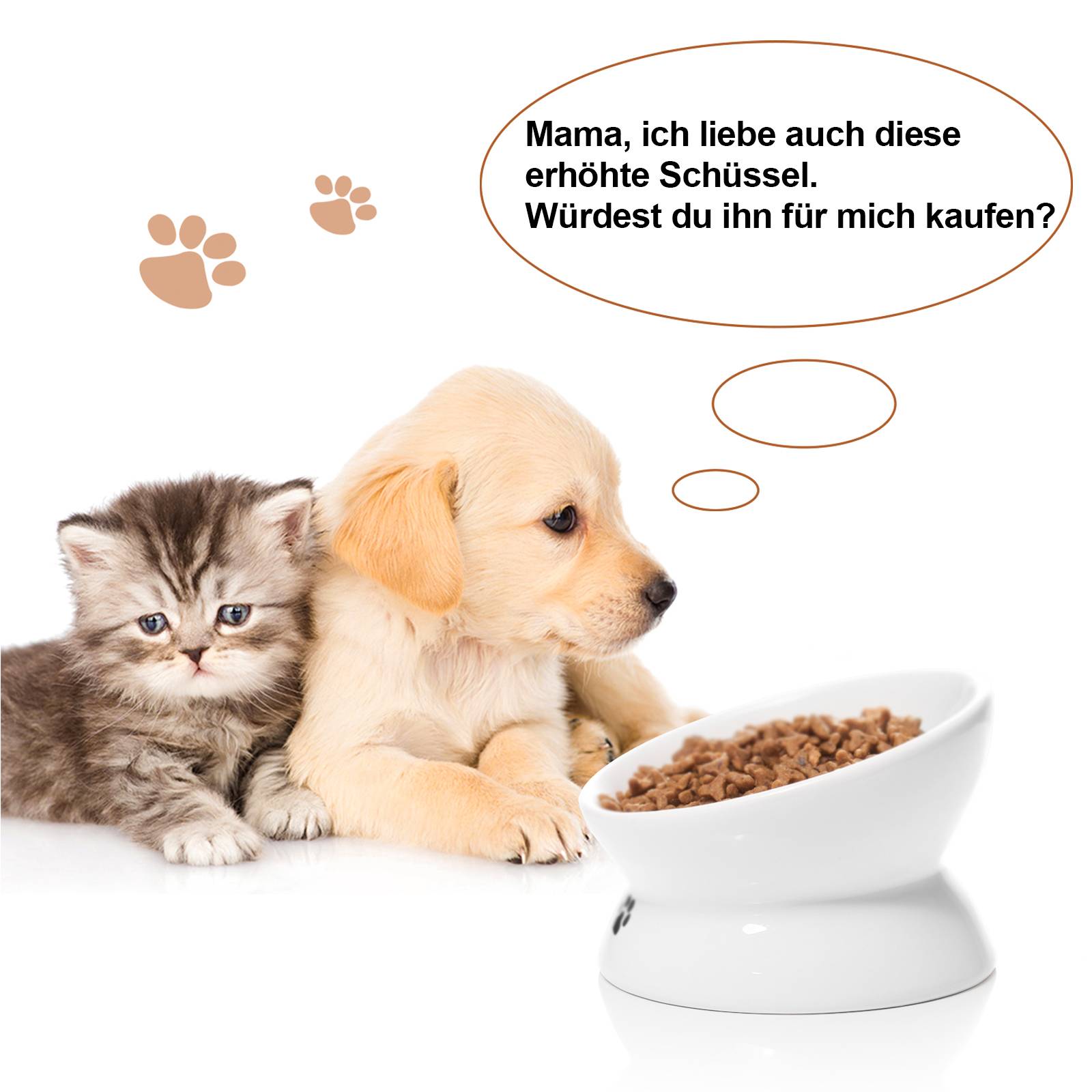 Y YHY 444ml Erhöhte Katzenschüssel,Geneigte Katzenschale für Futter und Wasser,Keramik-Wassernapf,Auslaufsicher,Katzenpfotenmuster,Weiß