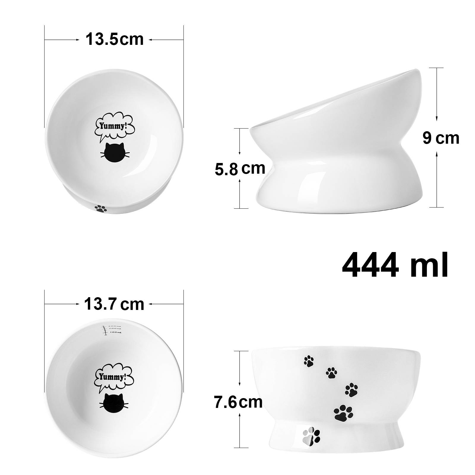 Y YHY 444ml Erhöhte Katzenschüssel,Geneigte Katzenschale für Futter und Wasser,Keramik-Wassernapf,Auslaufsicher,Katzenpfotenmuster,Weiß