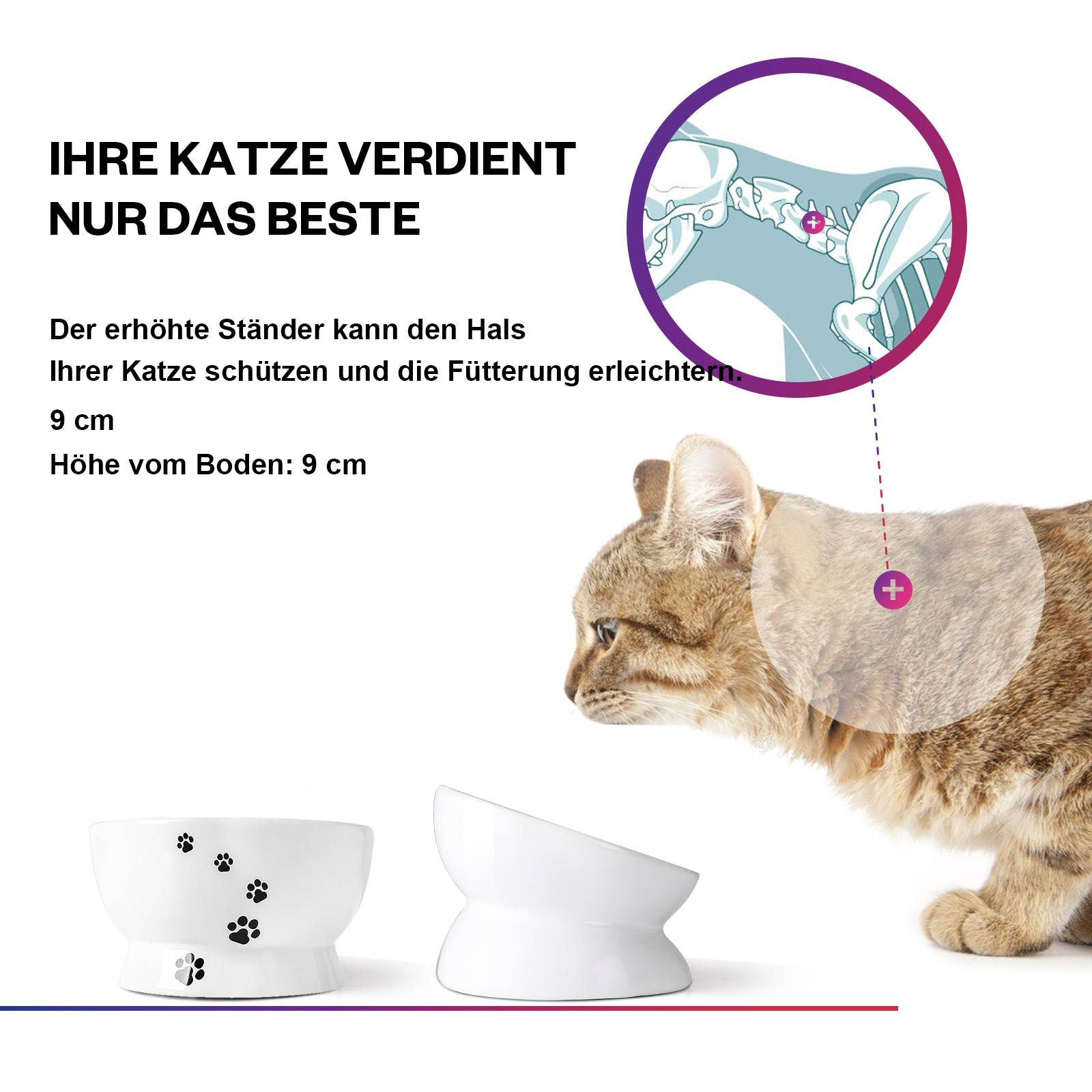 Y YHY 444ml Erhöhte Katzenschüssel,Geneigte Katzenschale für Futter und Wasser,Keramik-Wassernapf,Auslaufsicher,Katzenpfotenmuster,Weiß