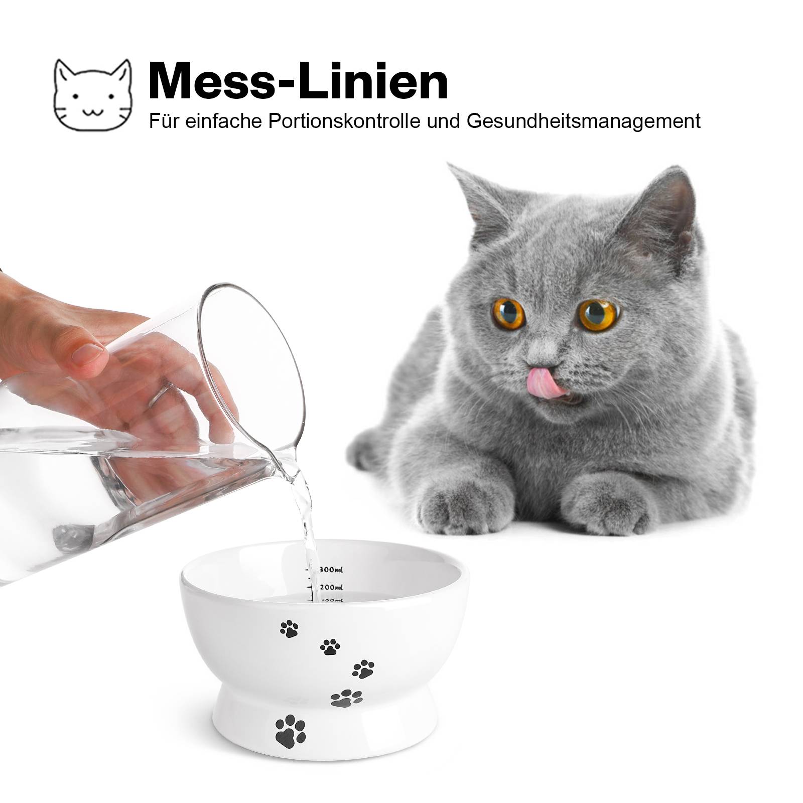 Y YHY 444ml Erhöhte Katzenschüssel,Geneigte Katzenschale für Futter und Wasser,Keramik-Wassernapf,Auslaufsicher,Katzenpfotenmuster,Weiß