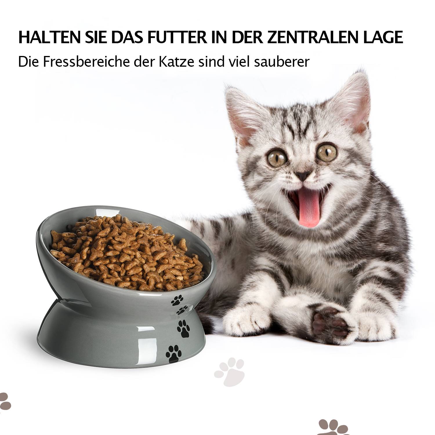 Erhöhter Katzennapf aus Keramik, Y YHY Rückflussverhinderung Katzennapf, Kippwinkel zum Schutz der Katze Wirbelsäule, grau