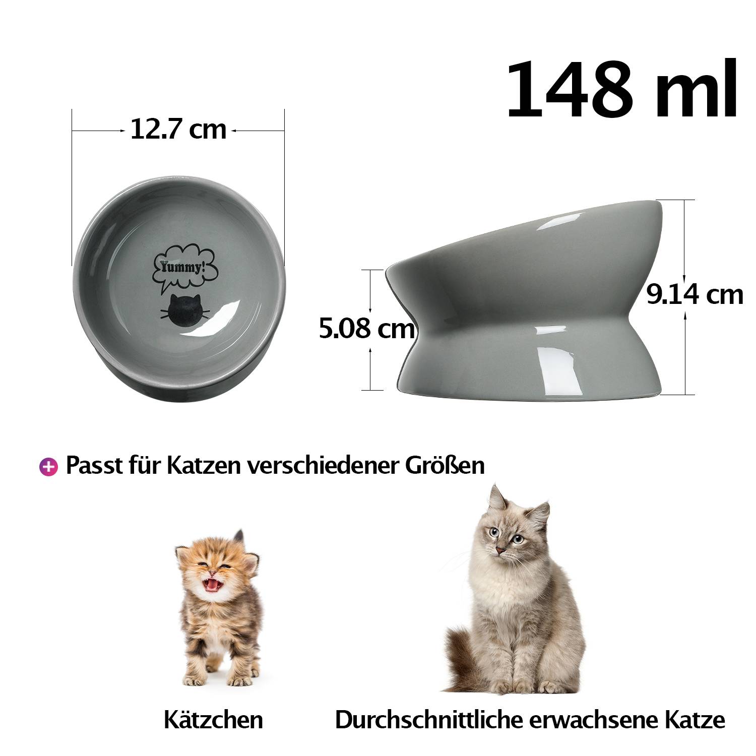 Y YHY 13×9cm/148ml Erhöhter Katzennapf,Keramischer erhöhter, Neigungswinkel schützt die Wirbelsäule der Katze,Anti Erbrechen Katzennapf,Grau