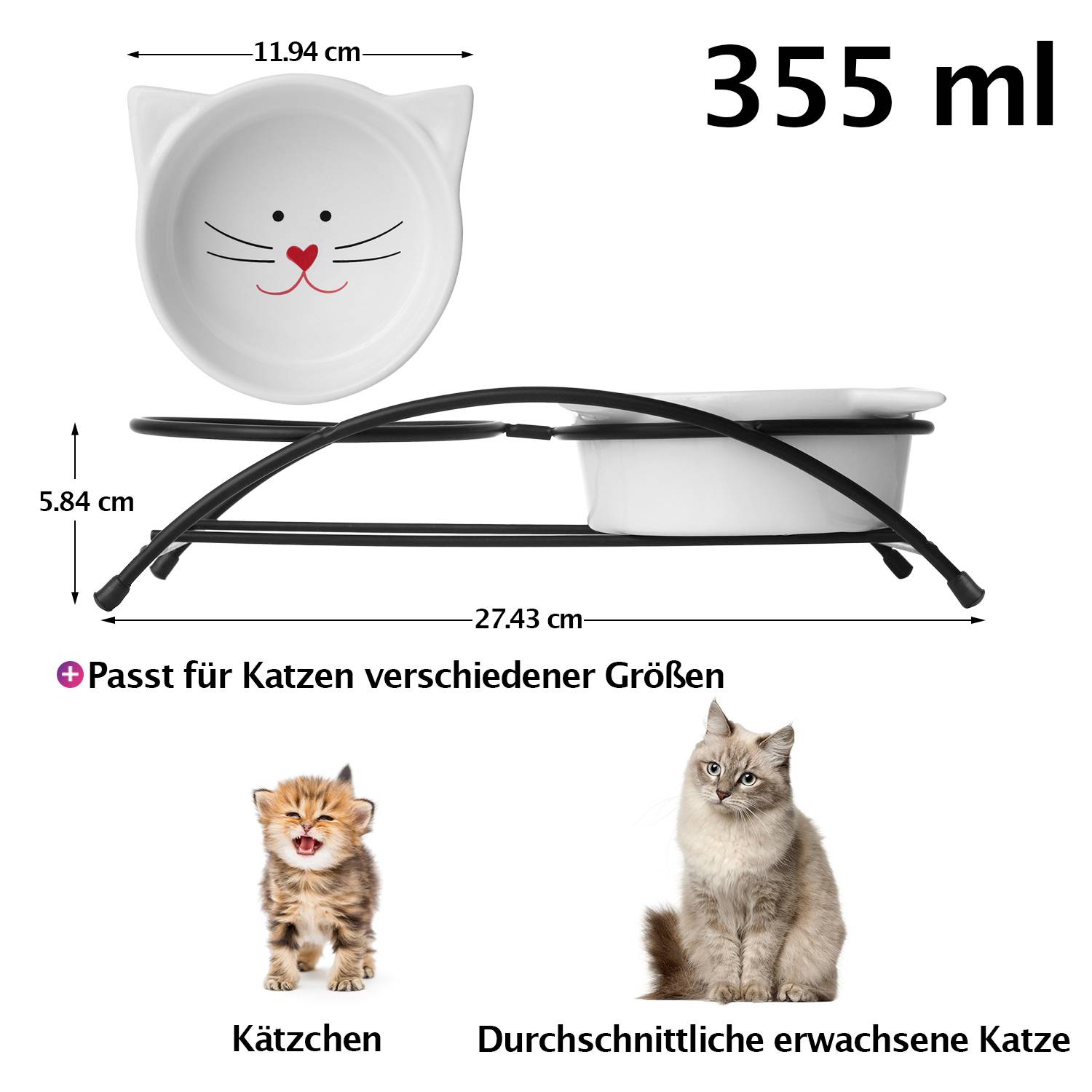 Y YHY 355ml/2er-Set Katzenfutternäpfe, Erhöhte Katzennäpfe für Futter und Wasser,Erhöhte Haustiernäpfe aus Keramik mit Ständer,Rot und Weiß