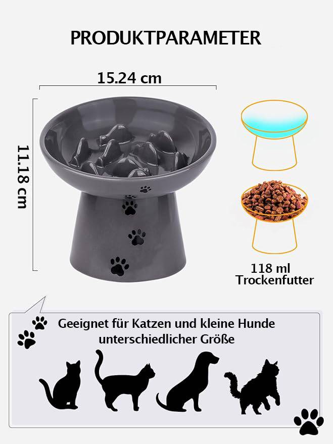Y YHY 15cm/118ml Slow Feeder für Katzen,Katzenfutternapf Erhöhter Langsamfütterer, Anti-Erbrechen, Grau