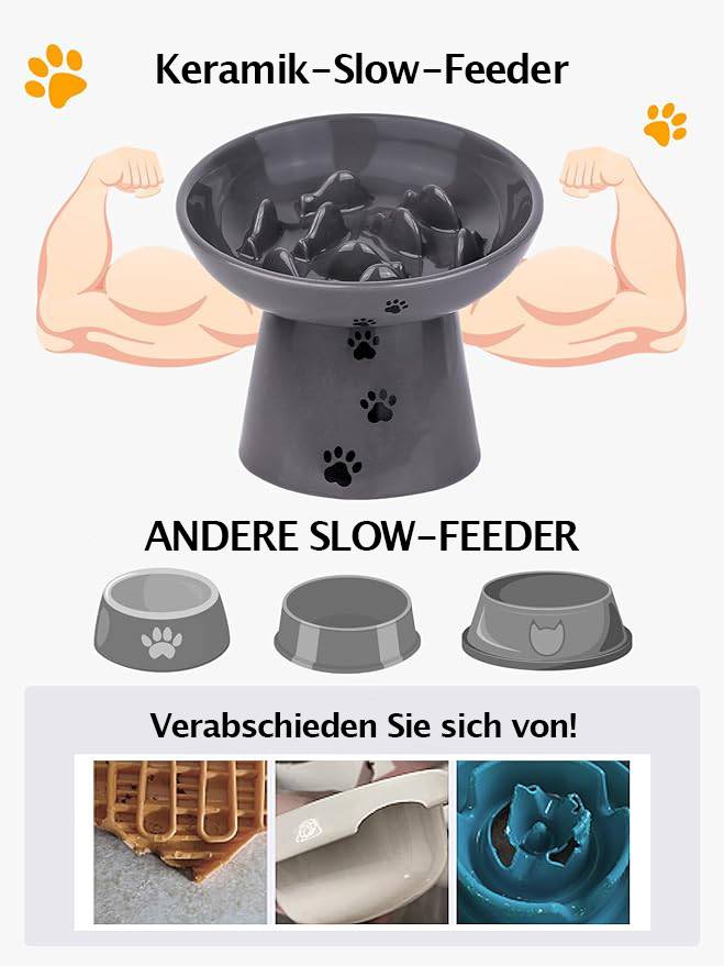 Slow Feeder für Katzen, Y YHY Langsamfütterer für Hunde Bowl Keramik-Katzennapf Anti-Erbrechen für Trocken- und Nassfutter, Grau