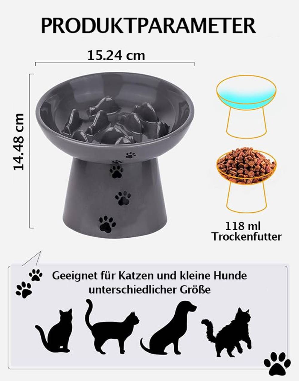 Dunkle Futternapf mit Pfotenabrdrücken, 15,24 cm breit, 14,48 cm hoch. Fasst 118 ml Trockenfutter. Geeignet für Katzen, kleine Hunde.