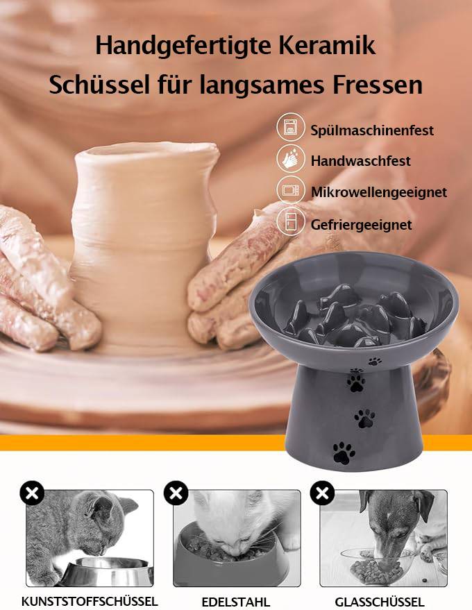 Eine Person formt Ton auf einer Töpferscheibe, daneben ein Bild einer Haustier-Langsamfressnäpf. Deutscher Text zur Eignung für Geschirrspüler und Gefrierschrank.