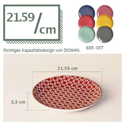 DOWAN 21cm/6er Set Keramikteller, Porzellan-Nudel-Salattellersatz, Bunte Servierschalen für Tischdekoration, Lebhafte Farben DOWAN 21cm/6er Set Keramikteller, Porzellan-Nudel-Salattellersatz, Bunte Servierschalen für Tischdekoration, Lebhafte Farben